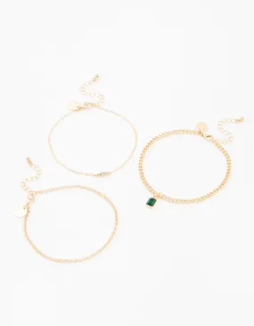 Gold Baguette Drop Anklets 3-Pack