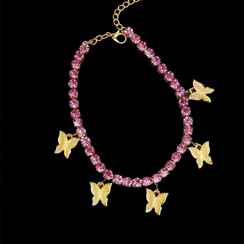 Gold Butterfly Rhinestone Crystal Anklets