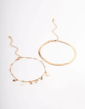 Gold Double Layer Herringbone Charm Anklet