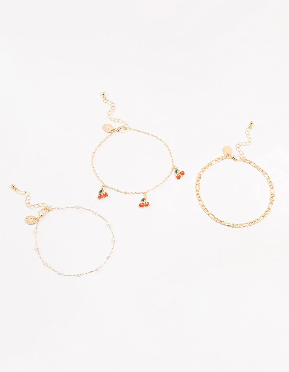 Gold Pearl & Cherry Anklets 3-Pack