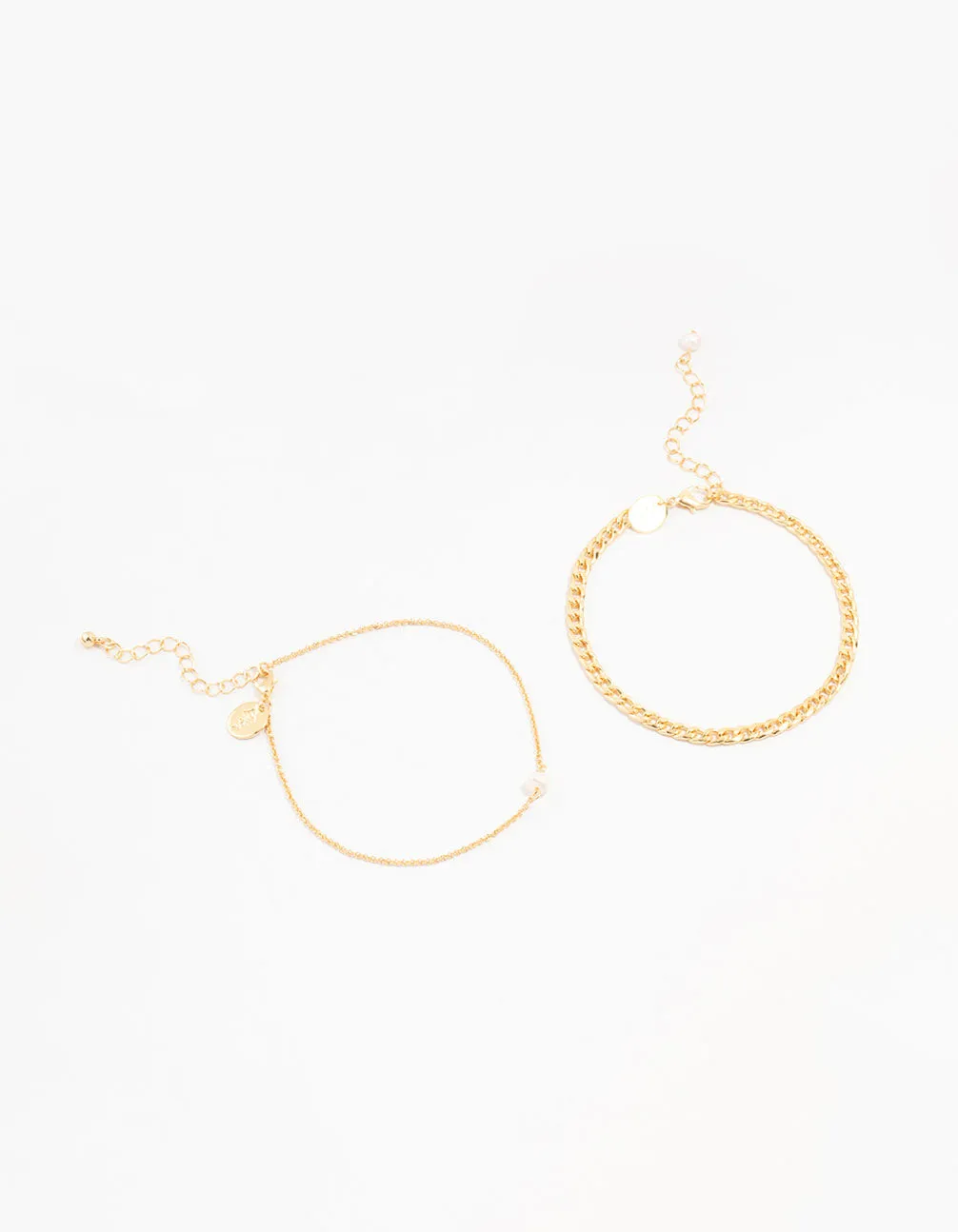 Gold Plated Pearl Curb Anklets 2-Pack