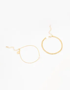 Gold Plated Pearl Curb Anklets 2-Pack