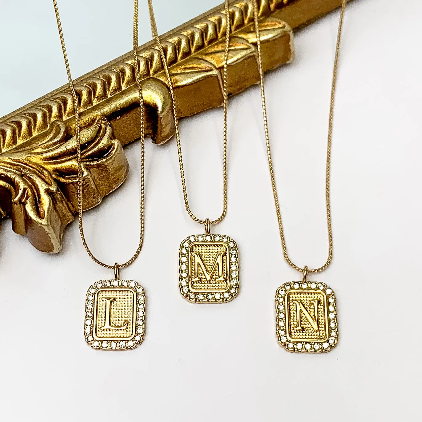 Gold Tone Chain Necklace with Rectangle Initial Pendant Outlined in Clear Crystals