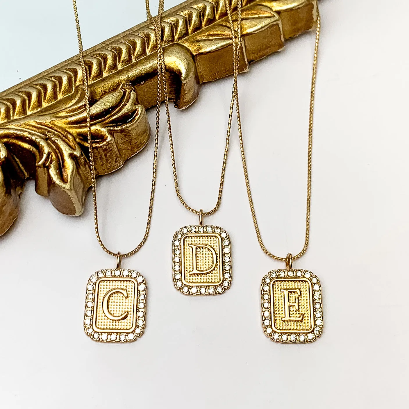 Gold Tone Chain Necklace with Rectangle Initial Pendant Outlined in Clear Crystals