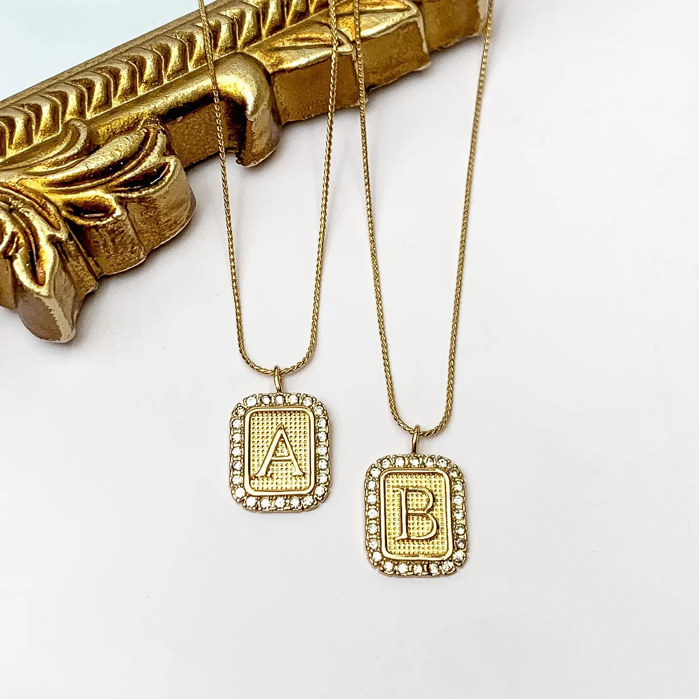 Gold Tone Chain Necklace with Rectangle Initial Pendant Outlined in Clear Crystals