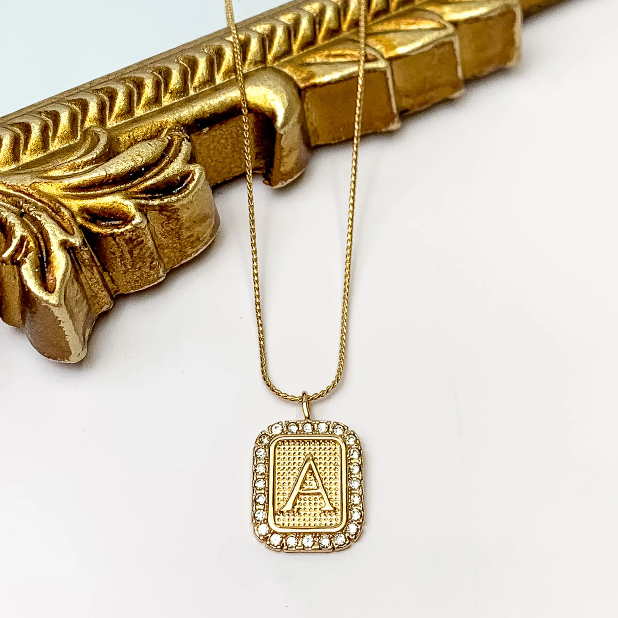 Gold Tone Chain Necklace with Rectangle Initial Pendant Outlined in Clear Crystals