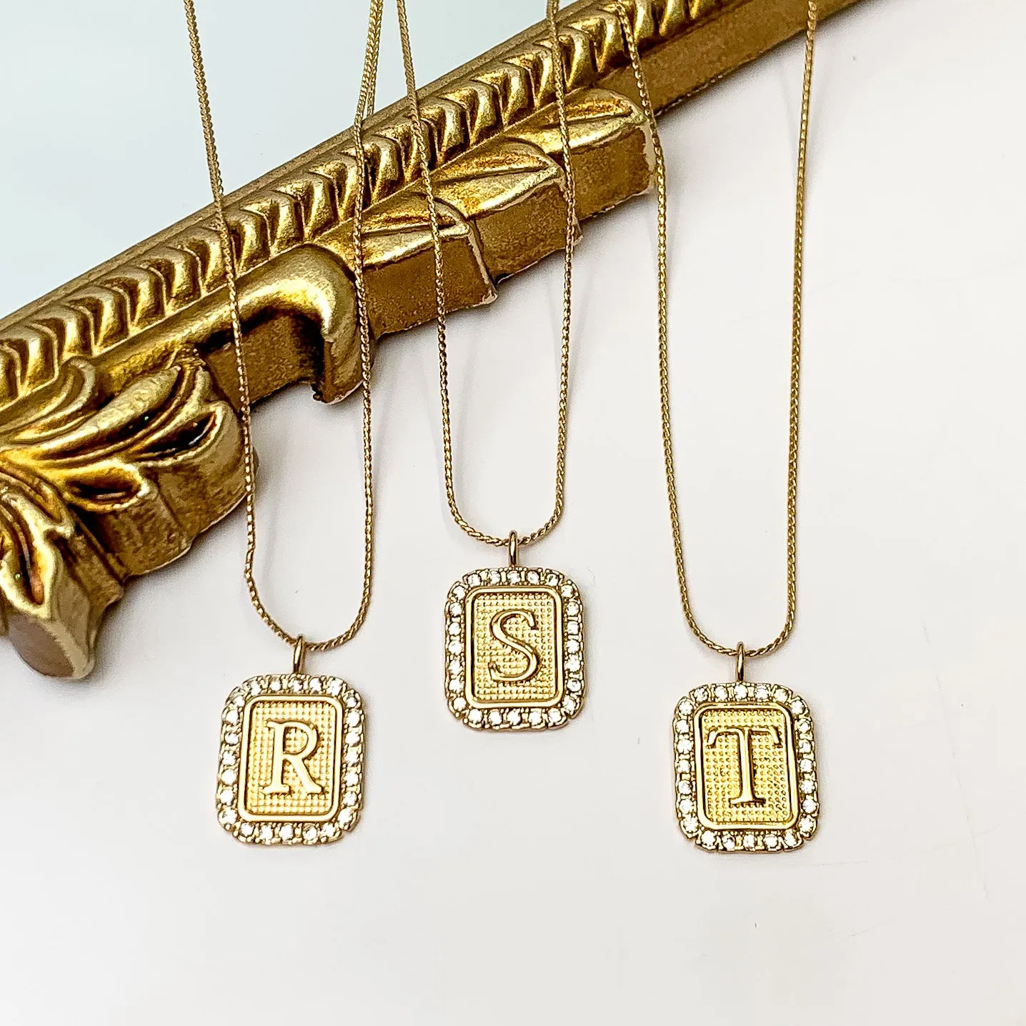 Gold Tone Chain Necklace with Rectangle Initial Pendant Outlined in Clear Crystals