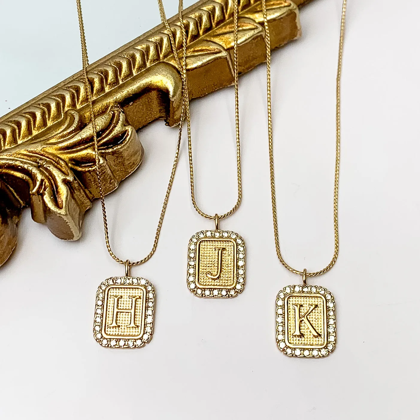 Gold Tone Chain Necklace with Rectangle Initial Pendant Outlined in Clear Crystals