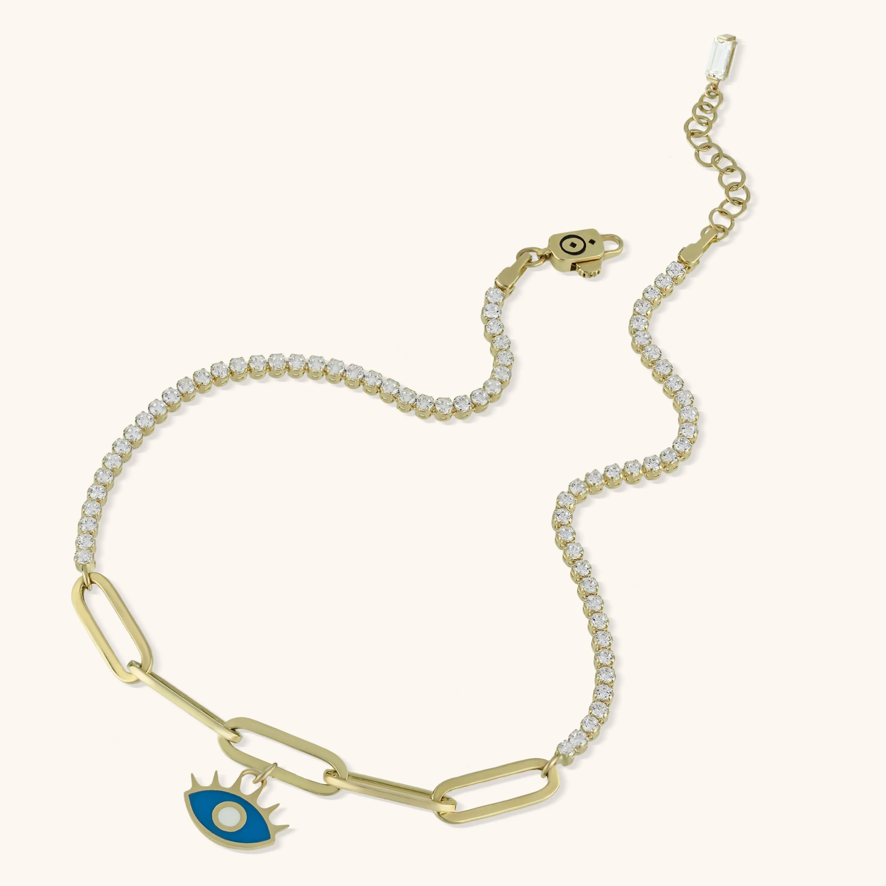 Hamsa Evil Eye Charm Paperclip Anklet 14K Yellow Gold