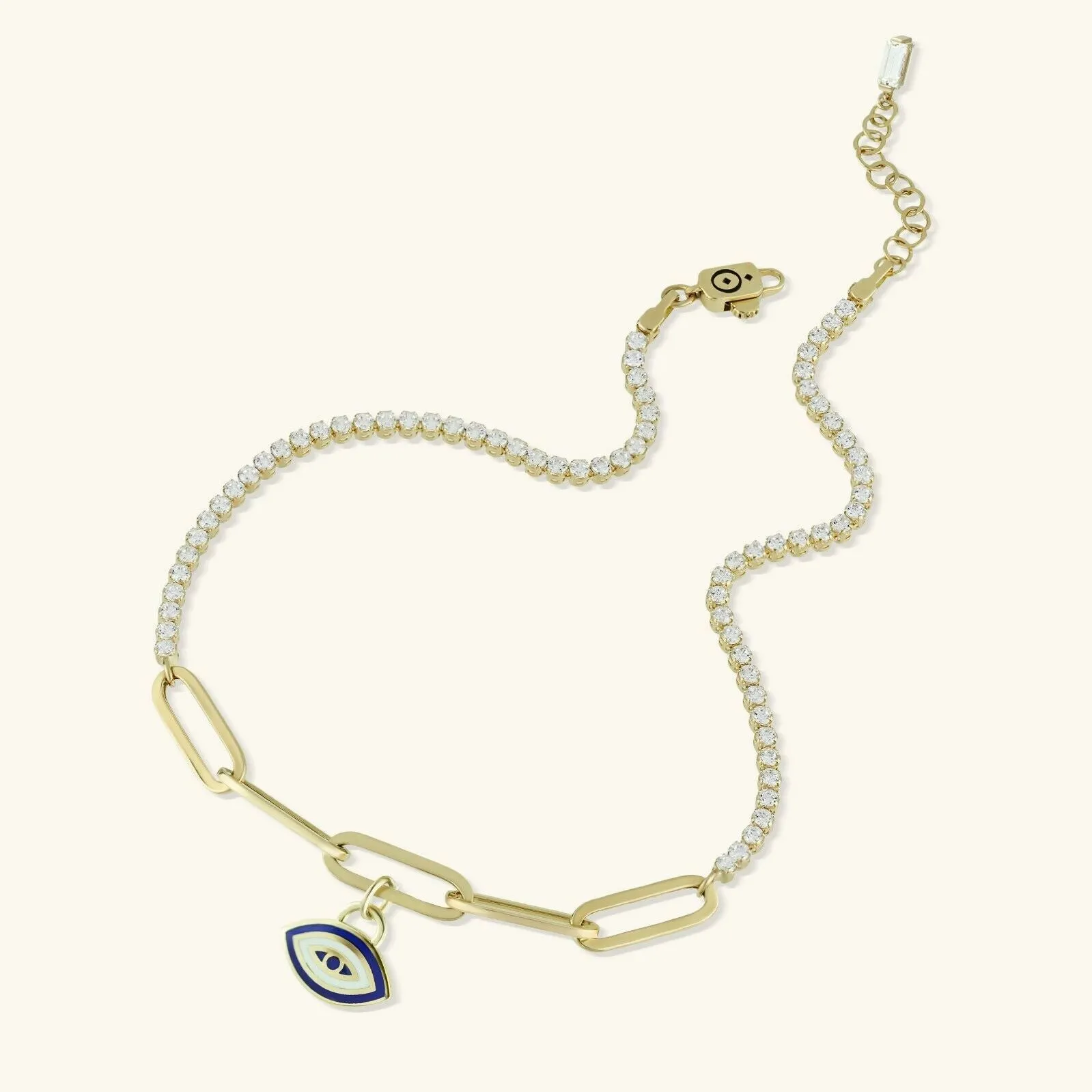 Hamsa Evil Eye Charm Paperclip Anklet 14K Yellow Gold