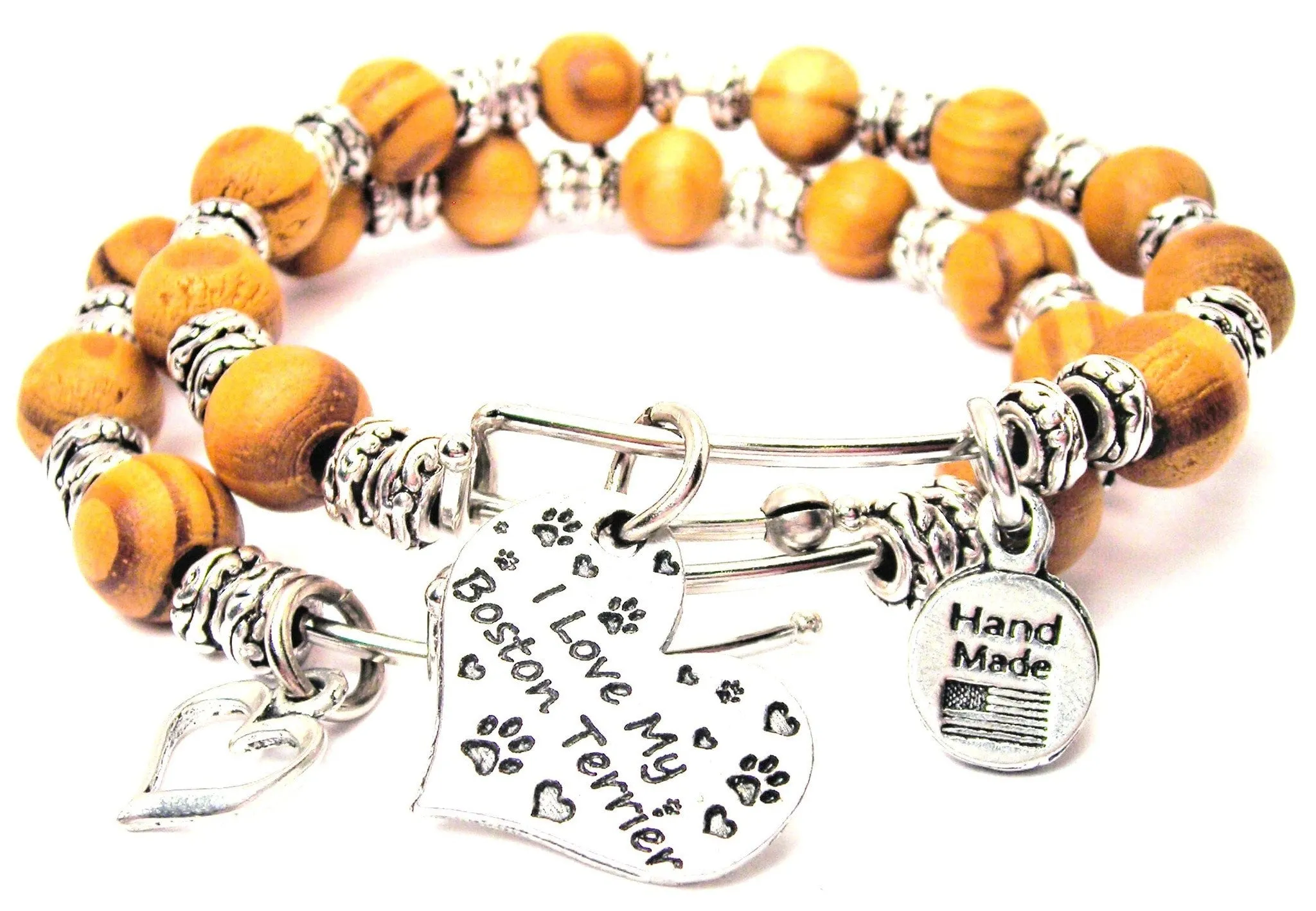 I Love My Boston Terrier Heart Natural Wood Double Bangle Set