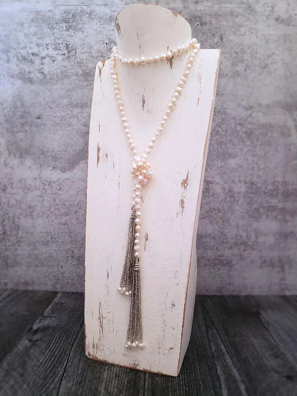 Lariat Pearl Necklace - Crystal Tassels