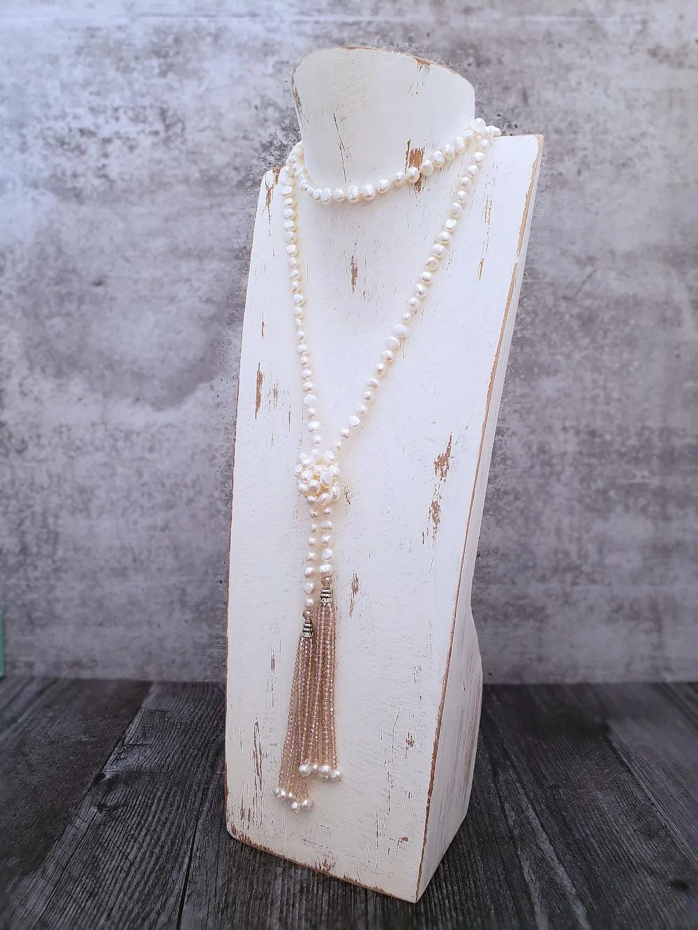 Lariat Pearl Necklace - Crystal Tassels