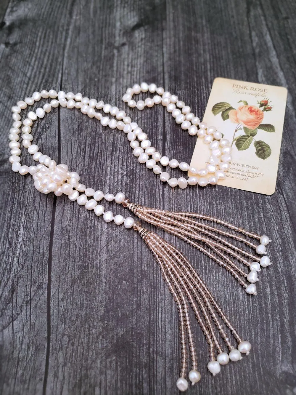 Lariat Pearl Necklace - Crystal Tassels