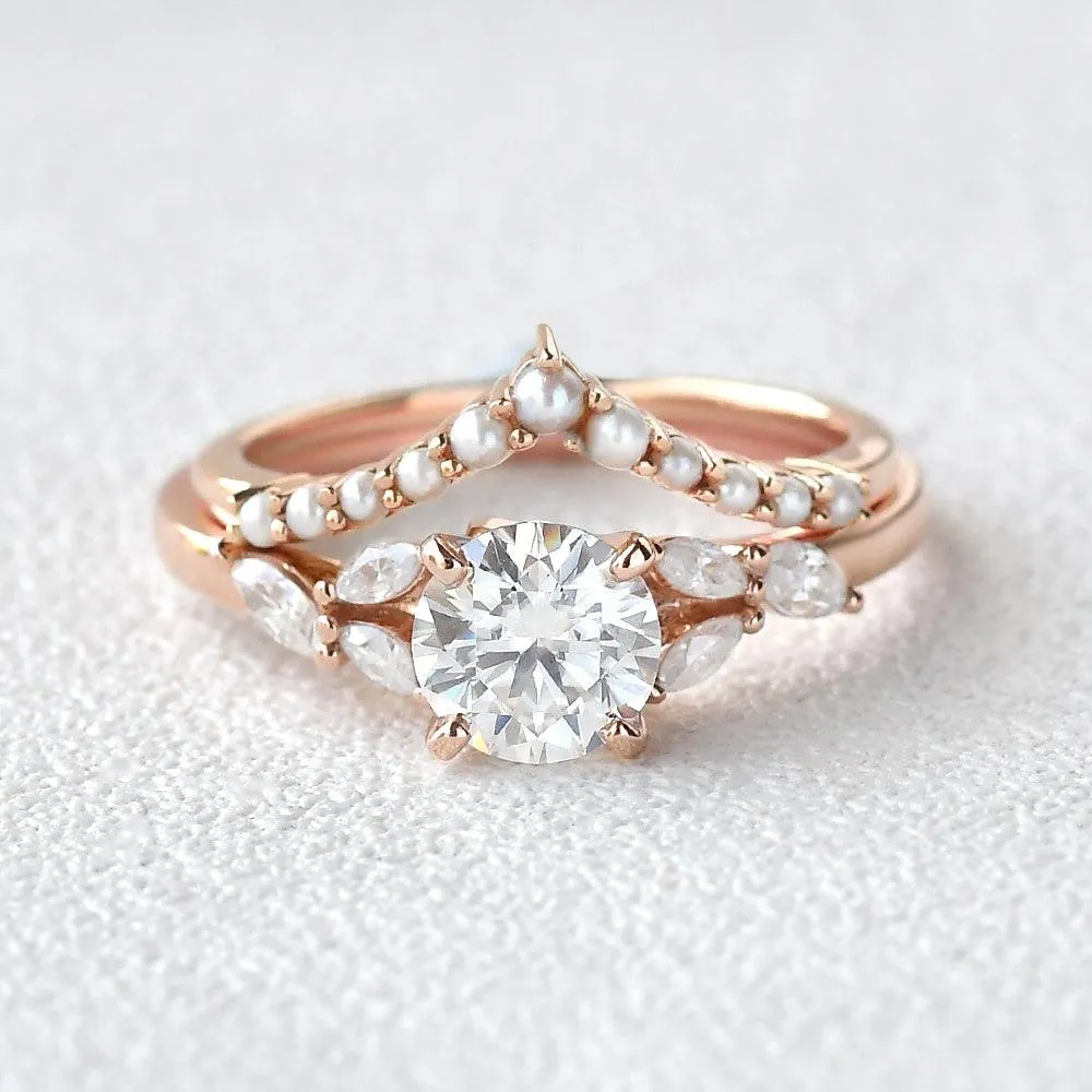 Moissanite & Pearl Rose Gold Ring Set 2pcs