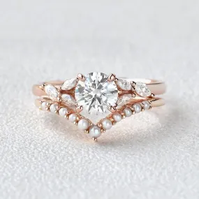 Moissanite & Pearl Rose Gold Ring Set 2pcs