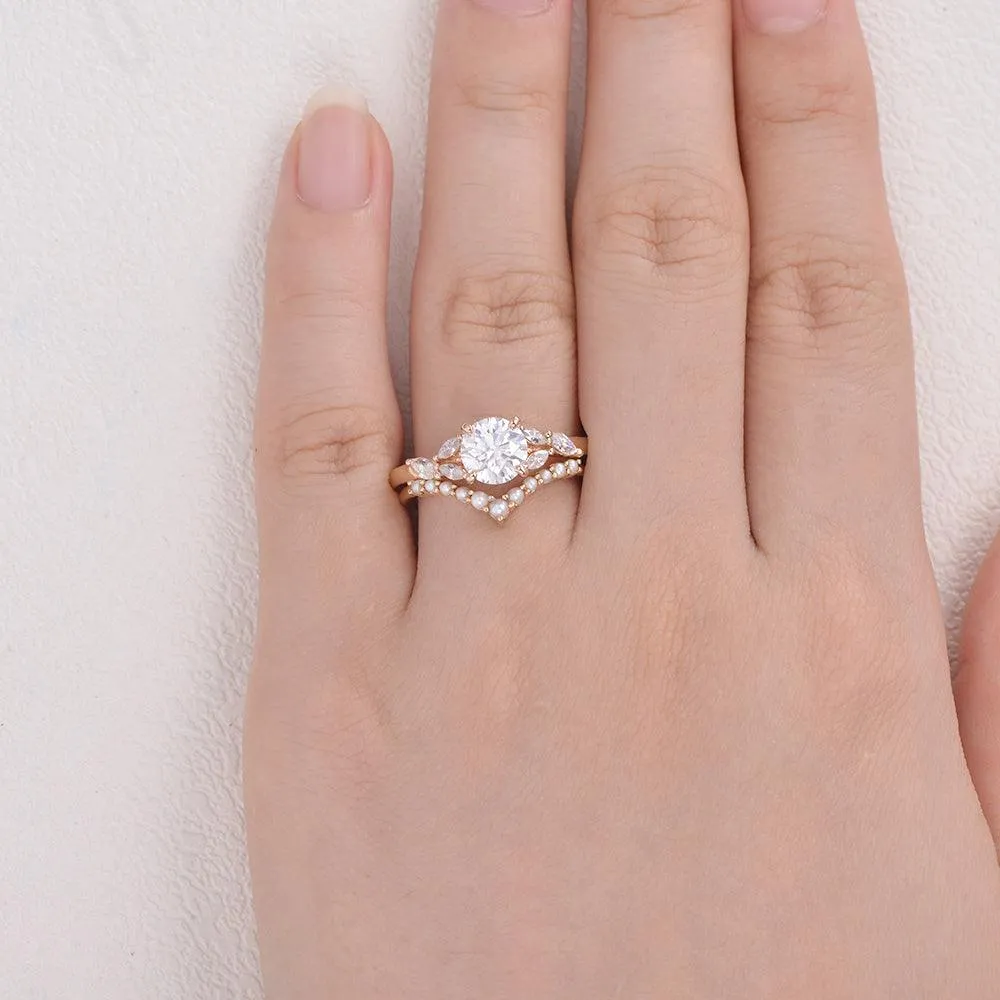 Moissanite & Pearl Rose Gold Ring Set 2pcs