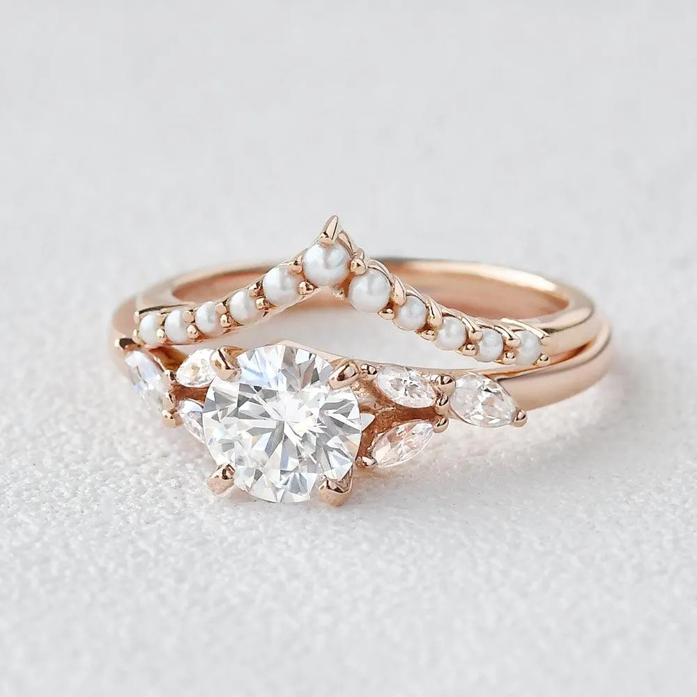 Moissanite & Pearl Rose Gold Ring Set 2pcs