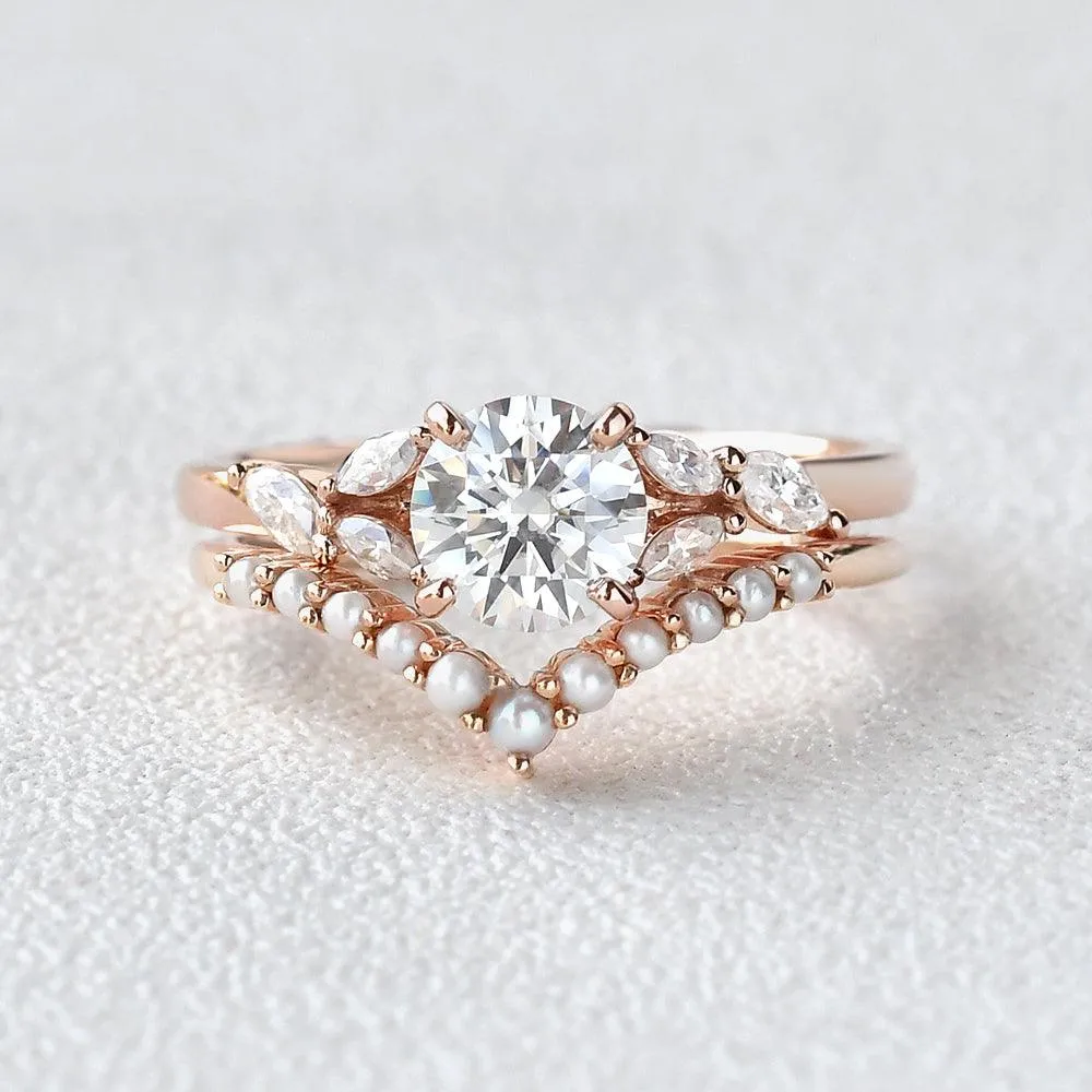 Moissanite & Pearl Rose Gold Ring Set 2pcs