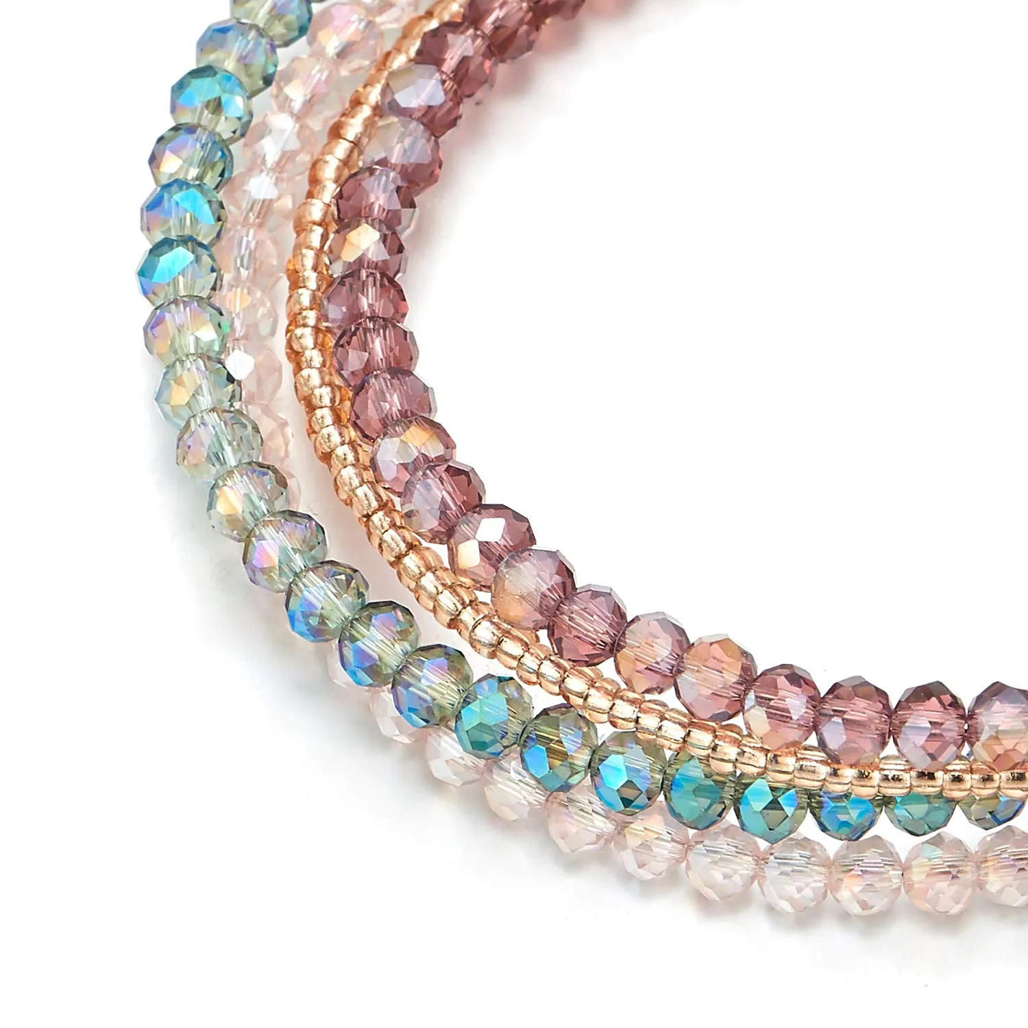 Multi-Wrap Stackable Beaded Wire Bracelets Champagne Gold Beads with Pale Blue Purple Pink Crystal