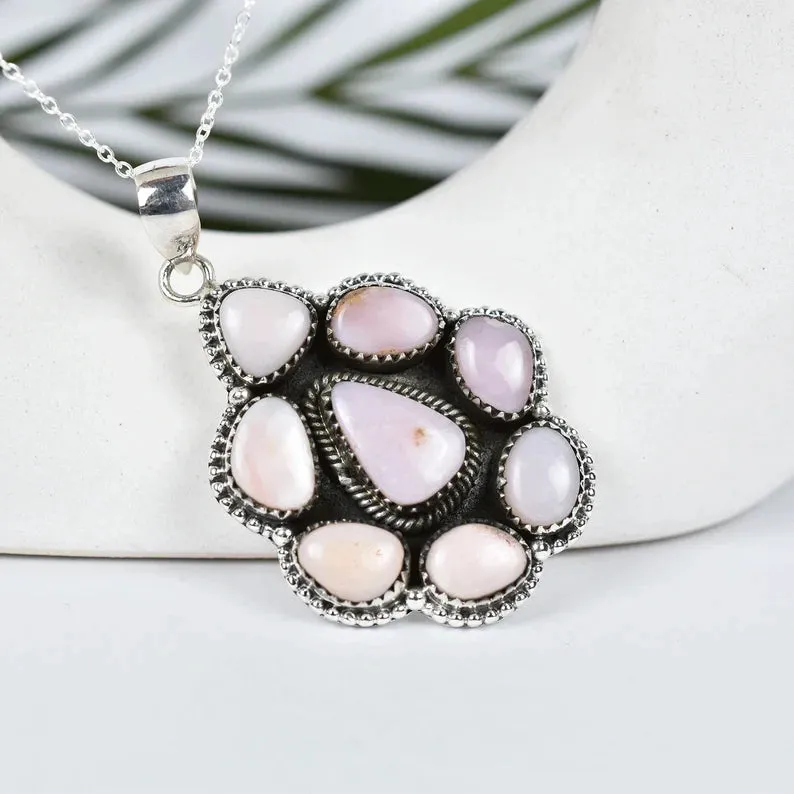 Native American Pink Opal Cluster Pendant - 925 Sterling Silver Pendant