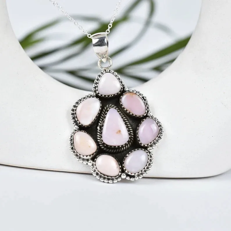 Native American Pink Opal Cluster Pendant - 925 Sterling Silver Pendant