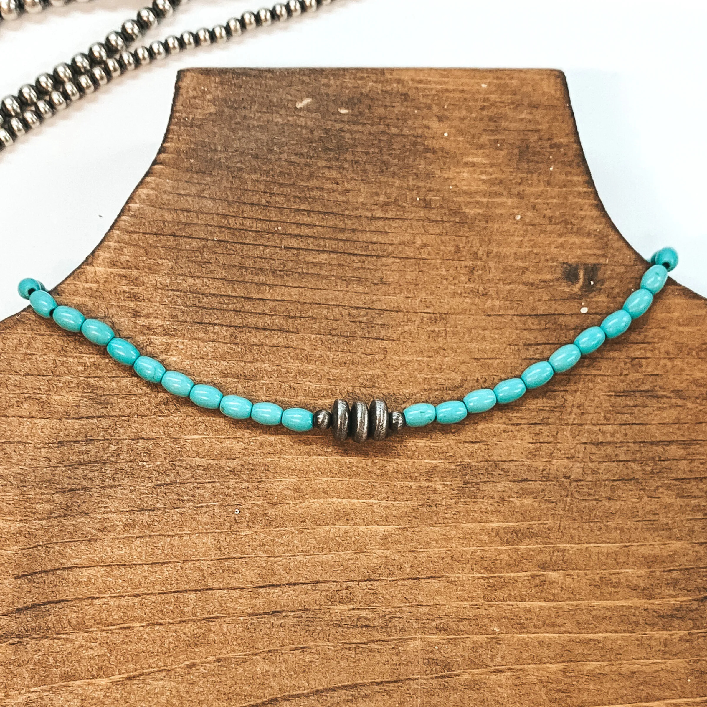 Oval Bead Necklace with Silver Saucer Beads in Turquoise