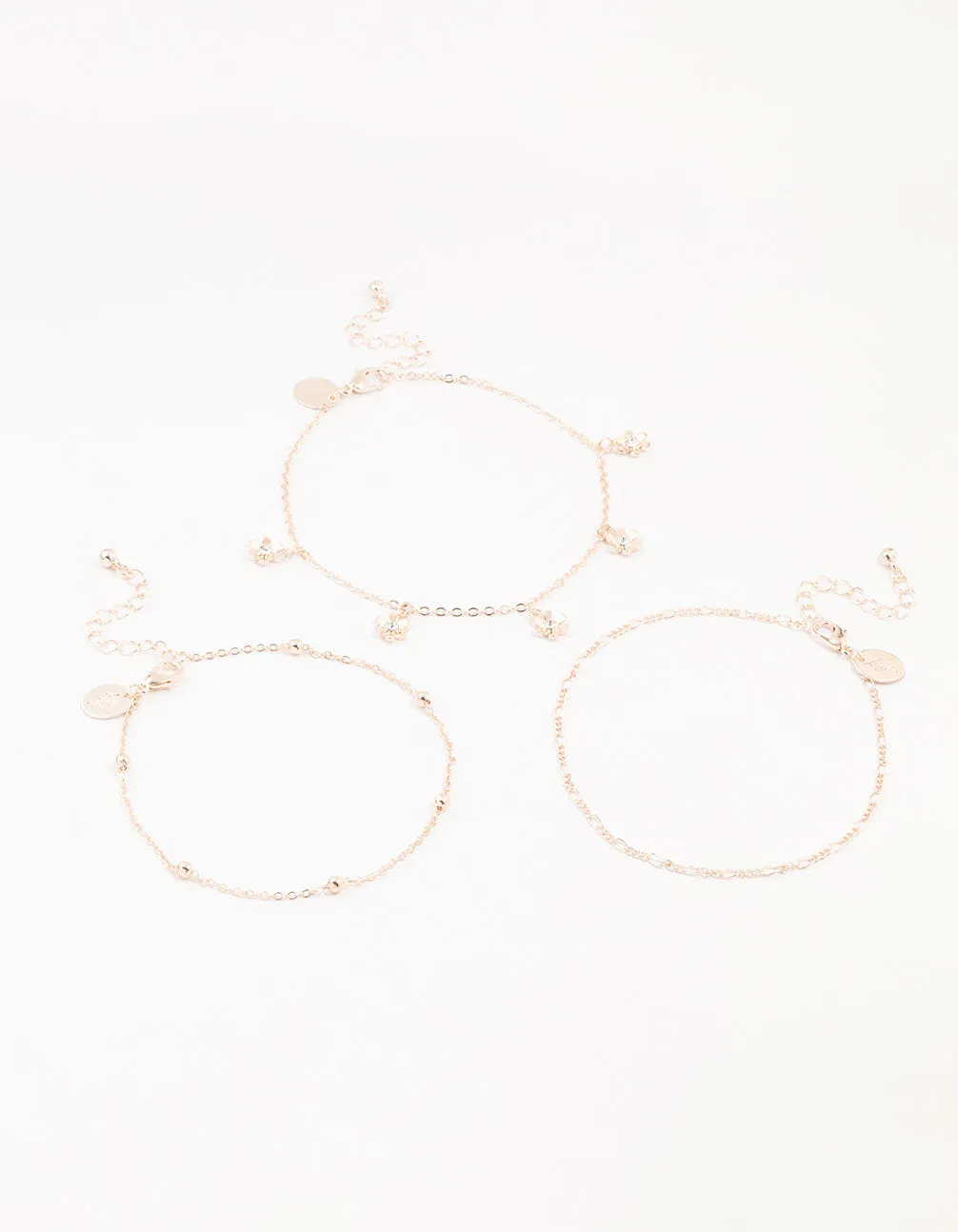 Rose Gold Figaro Diamante Flower Anklets 3-Pack