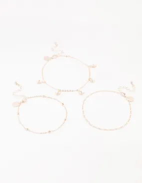 Rose Gold Figaro Diamante Flower Anklets 3-Pack