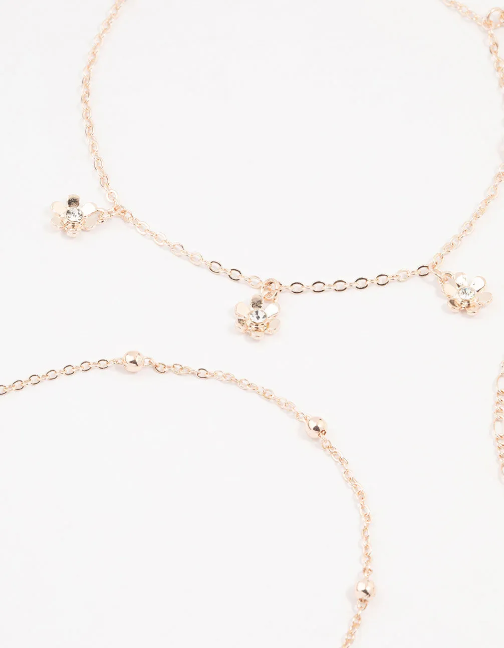 Rose Gold Figaro Diamante Flower Anklets 3-Pack