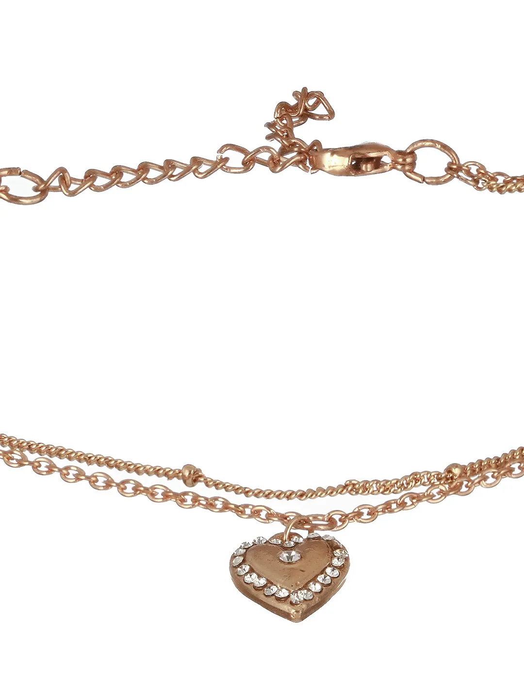 Rose Gold Plated Cz Studded Layered Heart Charm Anklet