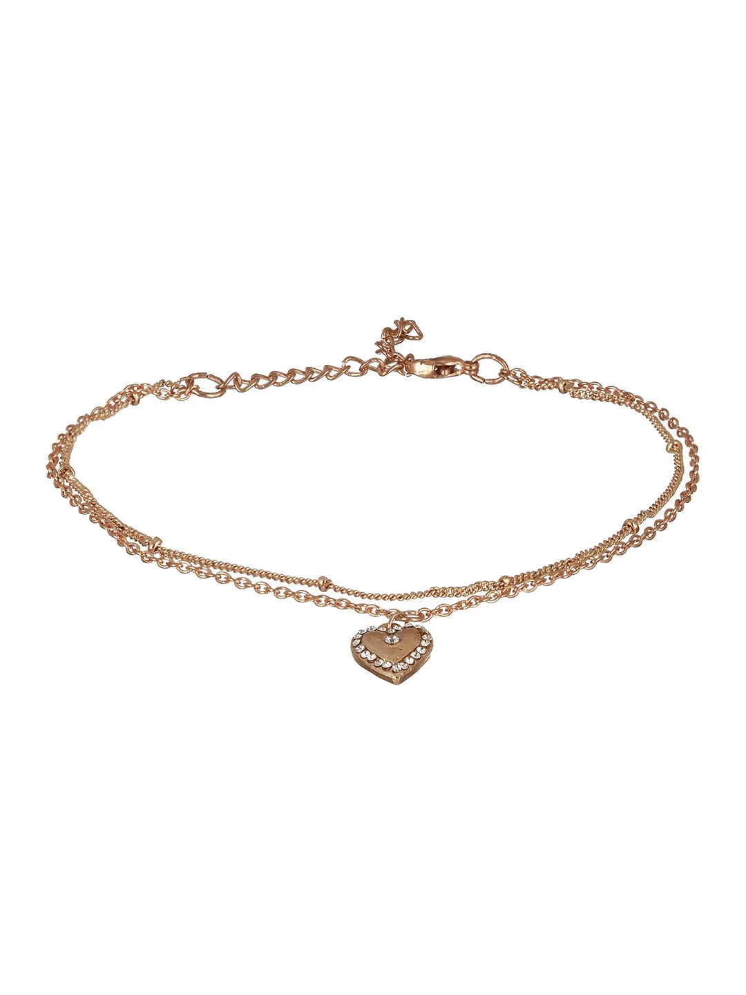 Rose Gold Plated Cz Studded Layered Heart Charm Anklet