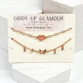 Set of 2 | Gold Multi Chained Anklets with a Heart and Butterfly Charm