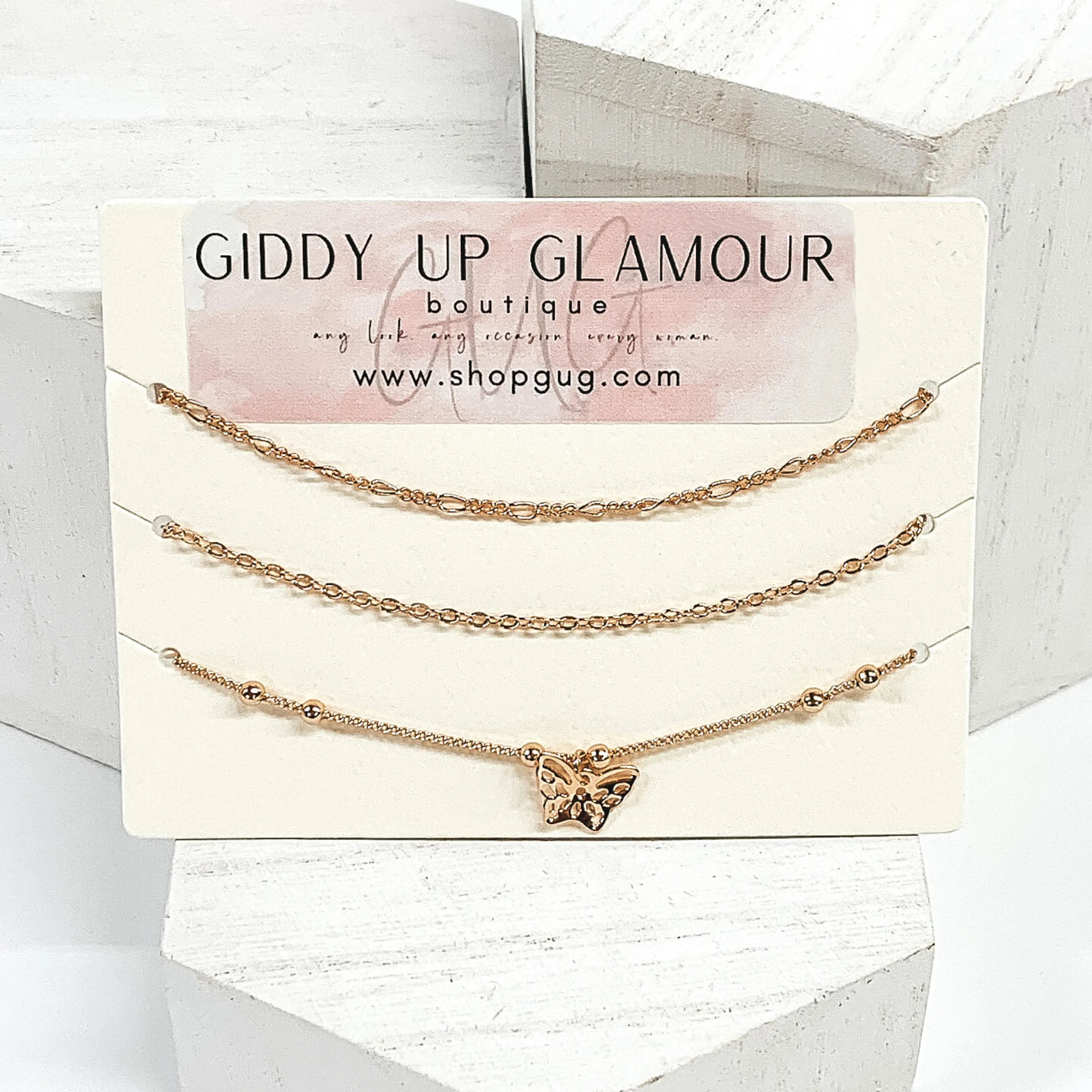 Set of 3 | Gold Multi Chained Anklets with a Butterfly Charm