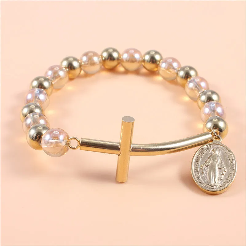 Trendy Stainless Steel Gold Plated Stretch Beaded Bracelets Virgin Mary Charm Cross Bracelets&Bangles Women Fine Jewelry