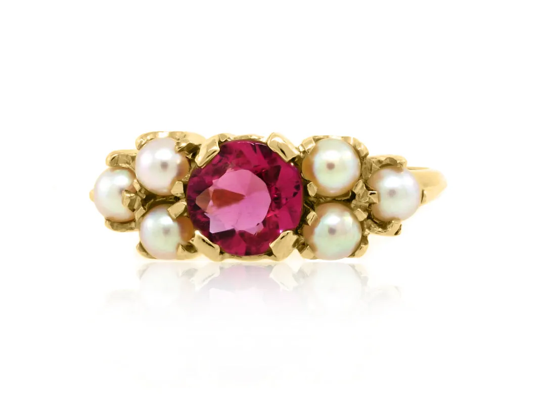 Vintage Pearl & Rubelite Tourmaline Ring