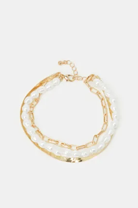 Women Gold And White Embellished Layered Anklet